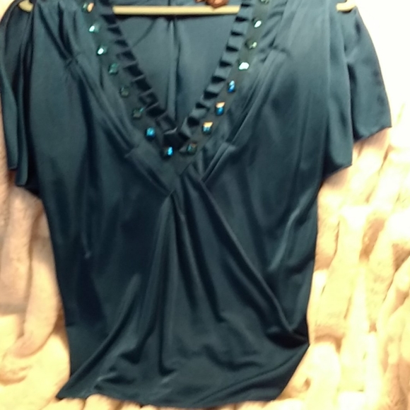 MODA International Bejeweled Deep-V Teal Blouse - Picture 6 of 7